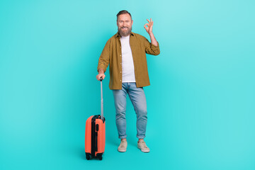 Photo of attractive pensioner okey sign recommend travel agency comfort flight plane summer adventure isolated on cyan color background