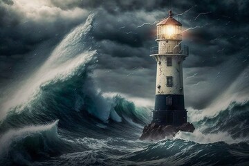 Lighthouse in the sea storm with big waves. Generative AI