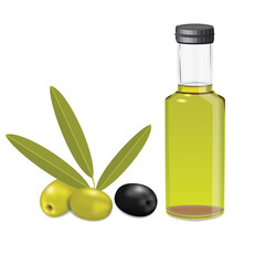olive oil bottle and green, black olives with leaves isolated on a white background