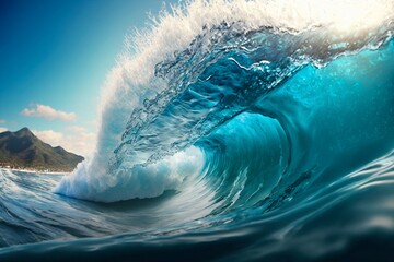 Big ocean clear blue surfer wave tube closeup. Generative AI - obrazy, fototapety, plakaty