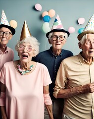 Crazy birthday party for older people, grandparents. Pensioners with birthday caps and balloons celebrate their jubilee birthday. Illustration, Generative AI. - obrazy, fototapety, plakaty