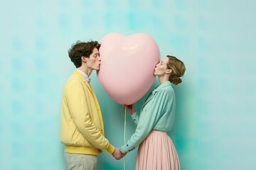 A couple who are happy in love and have a matching outfit of pastel colors. Love that lasts forever. Young people holding a heart shaped balloon. Illustration. Generative AI.