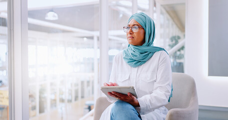 Senior, business woman in hijab with tablet, communication for company and networking with email...