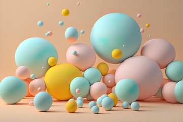 Abstract pastel background of soft colors of colorful balloons and balls. Podium for the product. Party creative concept. Illustration. Generative AI.