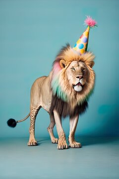 Illustrated Animal Party Concept, Small Cute Lion With Birthday Cap Having Fun, Confetti And Balloons On Pastel Background. Party Animal. Illustration, Generative AI.