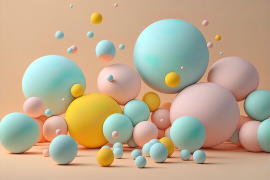 Fototapeta Abstract pastel background of soft colors of colorful balloons and balls. Podium for the product. Party creative concept. Illustration. Generative AI.
