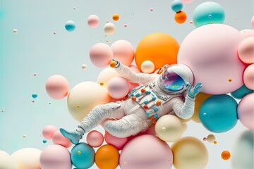 Party creative pastel colorful concept of astronaut, cyborg in space suit flying on balls and balloons. Abstract pastel party. Illustration. Generative AI.