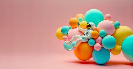 Party creative pastel colorful concept of astronaut, cyborg in space suit flying on balls and balloons. Abstract pastel party. Illustration. Generative AI.
