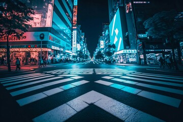 Neon night city Shibuya crossing in Tokyo. Generative AI - obrazy, fototapety, plakaty