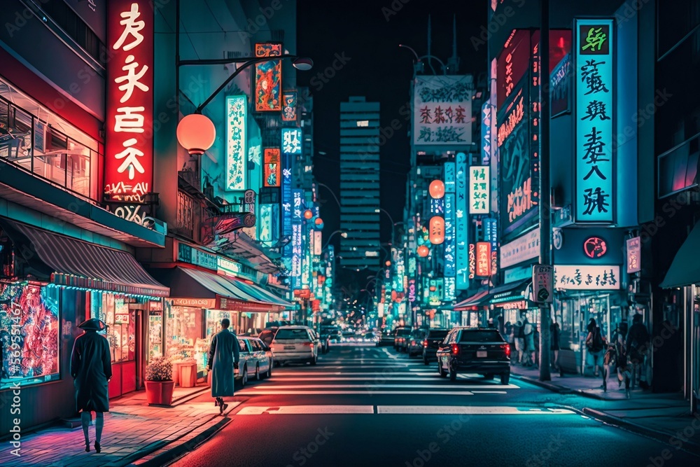 Wall mural Neon night city street in Tokyo. Generative AI