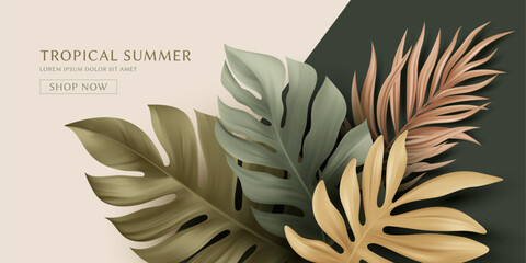 Summer Tropical Palm Leaves. Design of Summer Flyer, Website, Banner, Landing Page. Palm, Monster, Banana Leaf. Vector Illustration