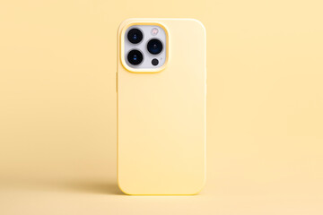 yellow banana color phone case mockup. iPhone 13 and 14 Pro Max mock up back view isolated on...