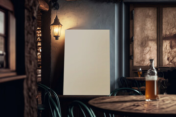 Mockup of vertical empty poster in wooden pub interior