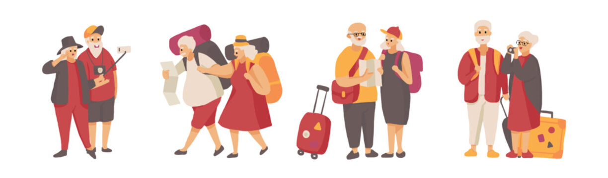 elderly 's  couple tourist, senior traveler, enjoy retire life with luggage camera and handbag. isolated Vector illustration on white background