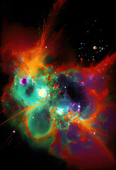 Splashing vivd inks and paints explosion on black background forming nebula galactic forms and shapes.
Digitally generated AI image