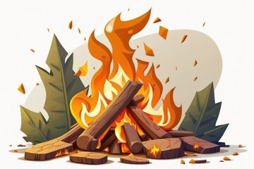 Campfire isolated on white background. Closeup of pile of birch firewood burning with orange flames. Generative AI