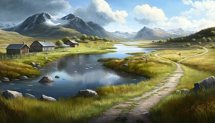 Country Road Landscape with Mountains in the Background - Generative AI