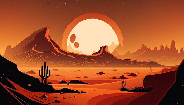 Illustration imitant le dessin vectoriel: un d&eacute;sert rouge similaire &agrave; la plan&egrave;te Mars