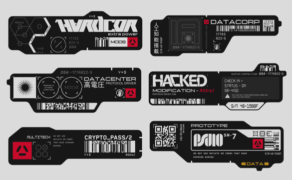 Cyberpunk decals set. Set of vector stickers and labels in futuristic style. Inscriptions and symbols, Japanese hieroglyphs for  AI controlled, high voltage, warning.