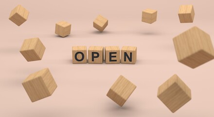Obraz premium wooden cubes on plain background forming the word open with blurred cubes around (3d illustration)