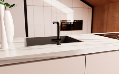 Kitchen sink. Counter island with stainless tub. Tap is black chrome.