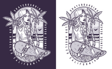 Beach girl skateboarder flyer monochrome