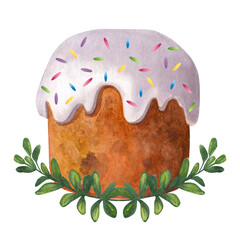 Easter cake in white icing. Colored candied fruit. Twig with green leaves. Hand-drawn watercolor illustration isolated on white background