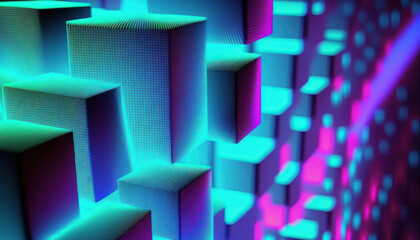 Psychedelic Neon cube and square structure backdrop. Generative AI.