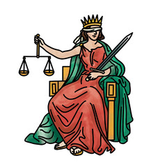 Themis drawing hand colored red, lady Justice or Justitia with scale