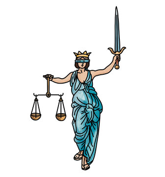 Themis drawing hand colored blue, lady Justice or Justitia with scale