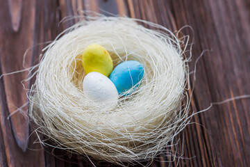 Two eggs of the color of the Ukrainian flag are yellow and blue and a white egg in the nest. The concept of an abandoned home of Ukraine for the Easter holiday.