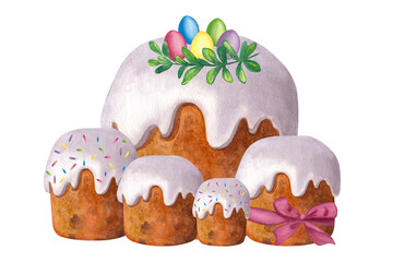 Easter cake in white icing. Colored candied fruit. Twig with green leaves. Hand-drawn watercolor illustration isolated on white background