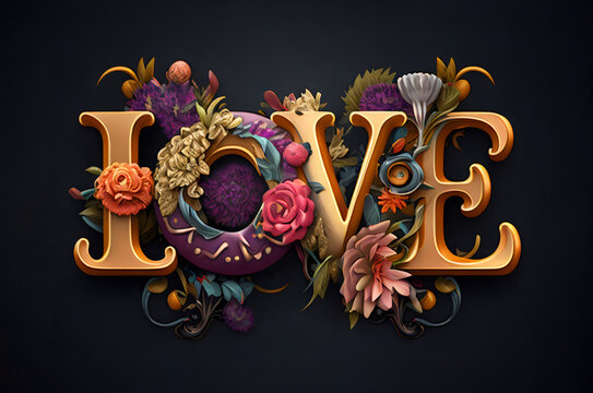 3D LOVE spring palette typography with flowers and hearts on black background , generative ai