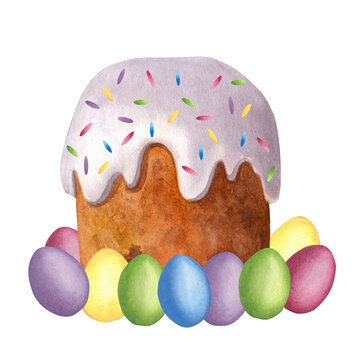 Easter cake in white icing. Colored candied fruit. Multi-colored painted eggs. Hand-drawn watercolor illustration isolated on white background