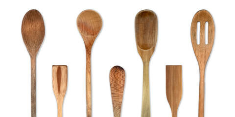 Topview of Set Cooking Wooden Utensils on White Background