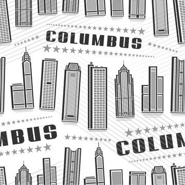 Vector Columbus Seamless Pattern, repeating background with illustration of famous columbus city scape on white background for wrapping paper, monochrome line art urban poster with black text columbus