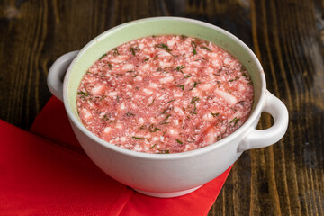 Borscht cooked with red beetroot with sour cream
