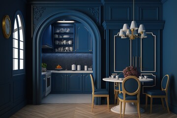 A luxurious kitchen nook with a deep blue wall. Generative AI