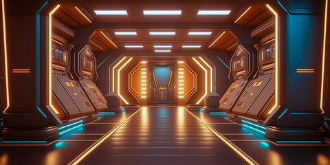 Futuristic sci fi neon light glowing inside spaceship tunnel room stage hall. Generative AI illustration.