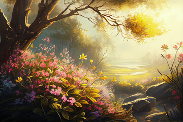 Fototapeta na wymiar digital art of a spring landscape, with flowers, trees sunlight, created with generative ai