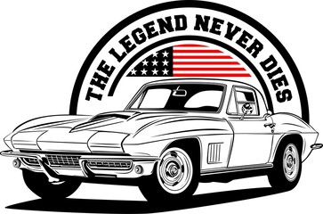 LOGO ONE OF THE MOST RECOGNIZABLE AND FAMOUS AMERICAN CLASSIC AND MUSCLE CARS VECTOR GRAPHICS WITH AMERICAN FLAG READY FOR SRICKERS T-SHIRT POSTER OR ILLUSTRATION
