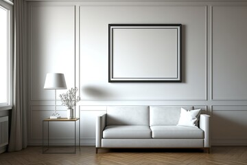 living room all in white decor, warm and comfortable with a blank frame on the wall. fashion furniture, beautiful decor in white. ai generative content