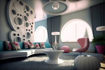 futuristic modern living room of a house, base colors decor with furniture.