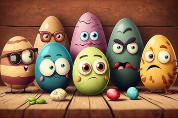 against a wooden background, Easter eggs. Generative AI