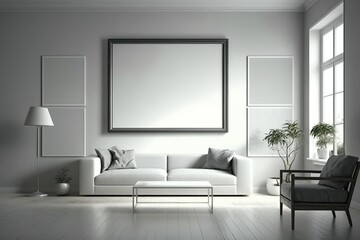 living room all in white decor, warm and comfortable with a blank frame on the wall. fashion furniture, beautiful decor in white. ai generative content