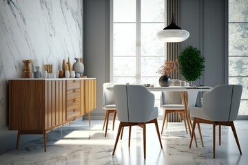 Obraz premium modern kitchen or living room of modern family house. white and wooden colors. warm and comfortable home or studio. fashionable furniture. spring decor. ai generative