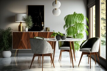 modern kitchen or living room of modern family house. white and wooden colors. warm and comfortable home or studio. fashionable furniture. spring decor. ai generative