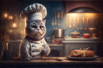Portrait d'un chef chat dans les cuisines d'un restaurant » IA générative - obrazy, fototapety, plakaty