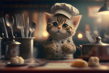 Portrait d'un chef bébé chat dans les cuisines d'un restaurant » IA générative