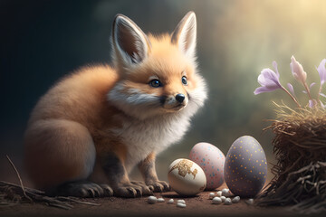 Obraz premium Portrait d'un bébé renard avec des oeufs lors de la fête de pâques » IA générative
